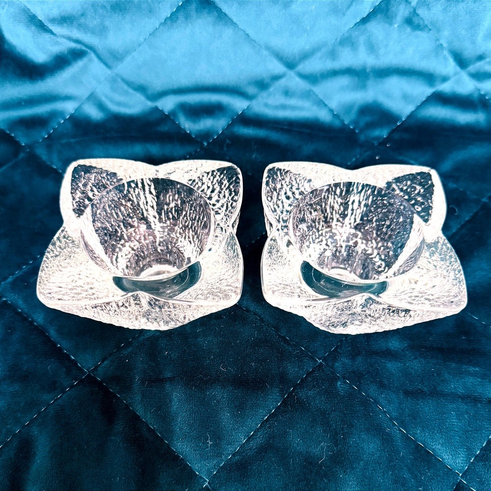 Vintage Ice Glass Candle Holders Pair Textured‎ Clear MCM Tealight Votive Cups